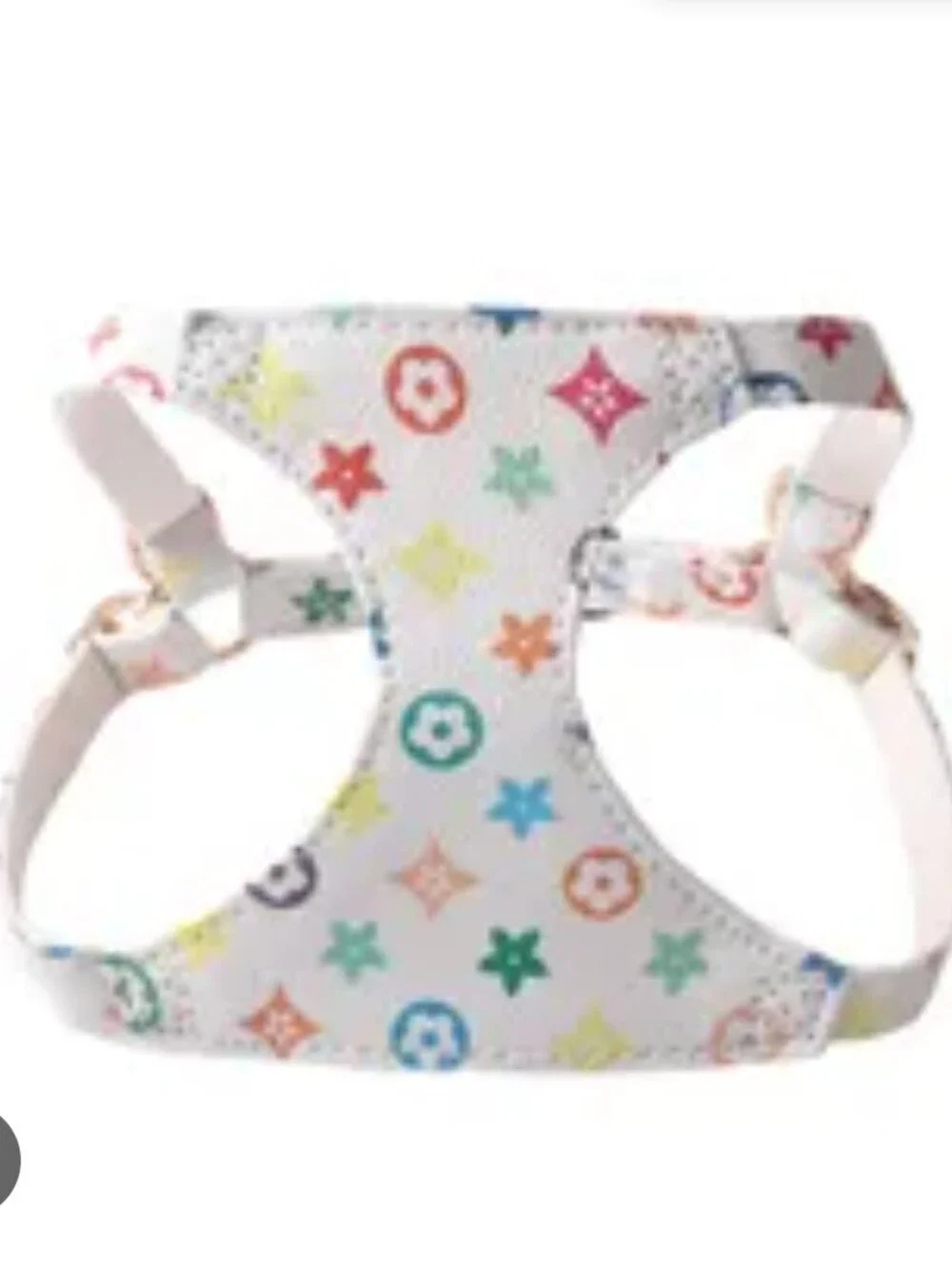 White Faux Leather Pet Harness - Colorful Luxury Monogram Print - XS